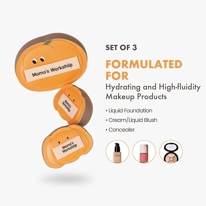 Momo’s Workshop Pumpkin Makeup Sponge Set (3pcs) - Large & Small Cushion Puffs for Halloween Themed,Rubycell Material for Flawless Foundation Application, Travel-Friendly & Storage Case
