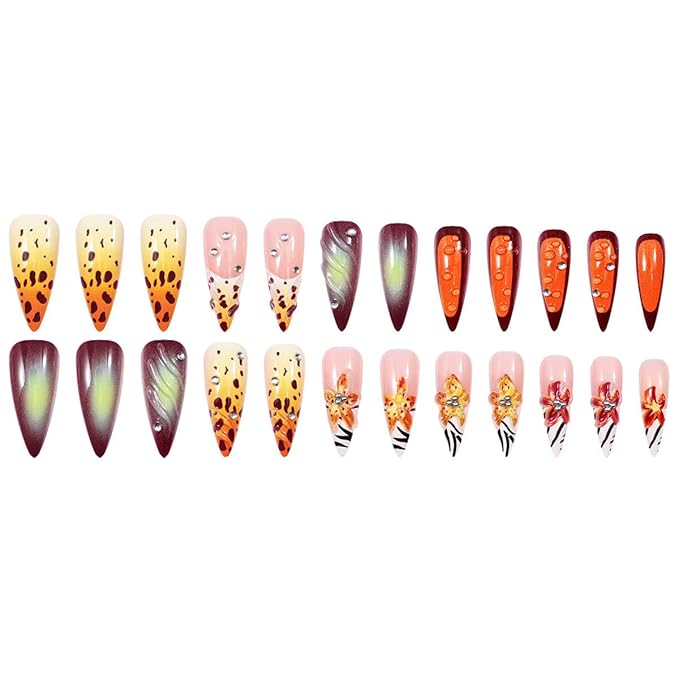 Long Almond Press on Nails Zebra Artistic Party Fake Nails Floral Leopard Stick on Nail for Women 24pcs