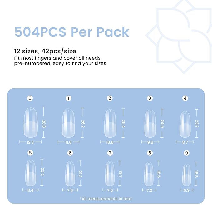 Medium Oval Round Nail Tips: 504Pcs Pre-shaped Full Cover Clear Gel Nails Tip, 12Sizes Acrylic Fake Press on Nail Tips for False Extension Manicure Salon DIY at Home