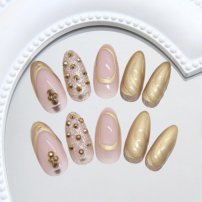 Almond Press on Nails Gold French Tip Fake Nails with Designs Chrome Acrylic Nails Glossy Nude Pink Full Cover Stick on Nails Artificial Almond Nails Tips False Nails for Women Manicure 24Pcs