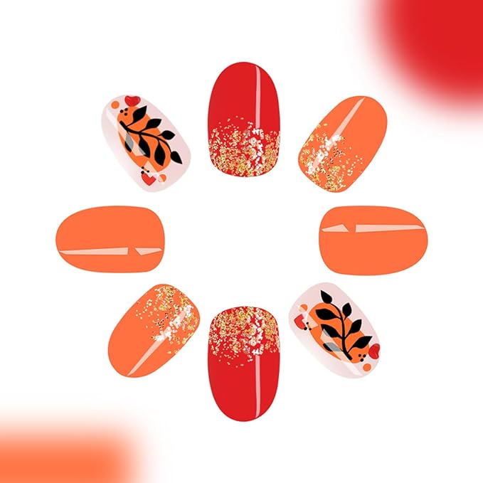 Fall Press on Nails Short Oval Fake Nails Gold Glitter False Nail with Black Leaf Designs Orange Red Glossy Glue on Nails Cute Acrylic Nail Press ons Reusable Manicure Kit for Women 24Pcs