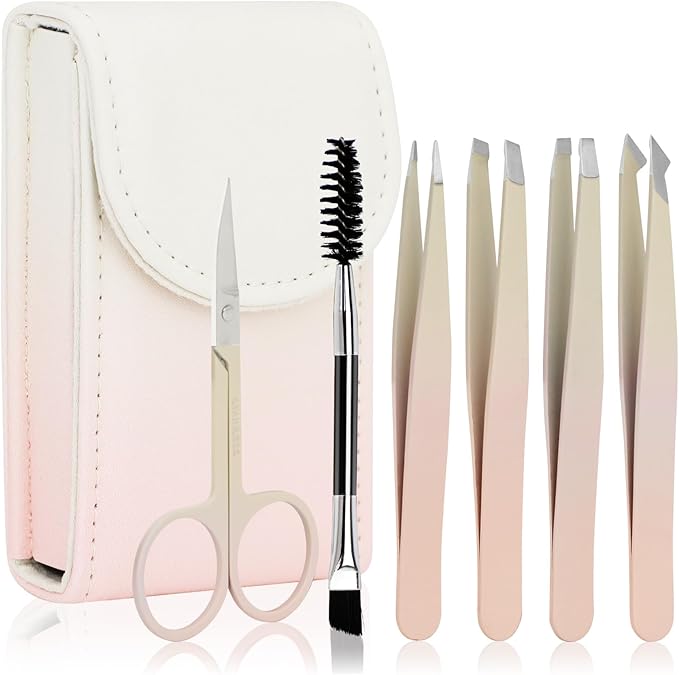 6 PCS Tweezers Set for Women, Eyebrow Tweezers Set with Curved Scissor for Ingrown Hair, Plucking Daily Beauty Tool with Leather Travel Case for Gifts (Gradient Pink)