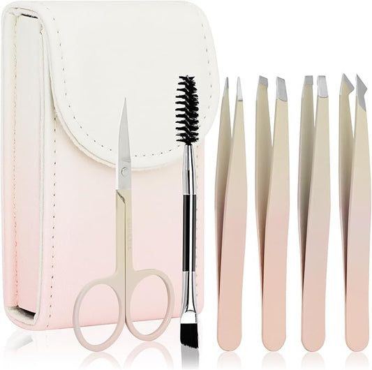 6 PCS Tweezers Set for Women, Eyebrow Tweezers Set with Curved Scissor for Ingrown Hair, Plucking Daily Beauty Tool with Leather Travel Case for Gifts (Gradient Pink)