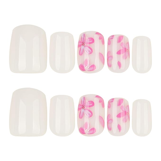 White Press On Nails Square Short, Pink Flower Fake Nails with 3D Floral Design, Glossy Finish Reusable Acrylic Nails, Natural Glue On Nails Kit for Women, 24Pcs