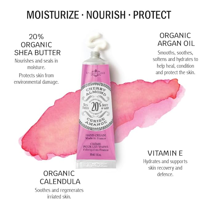 La Chatelaine 20% Shea Butter Hand Cream, Travel Size, Organic Argan Oil, Moisturizing, Nourishing, Repairing, Extra Rich, Non-Greasy, Made in France, Paraben Free, 1 oz/ 30ml (Cherry Almond)