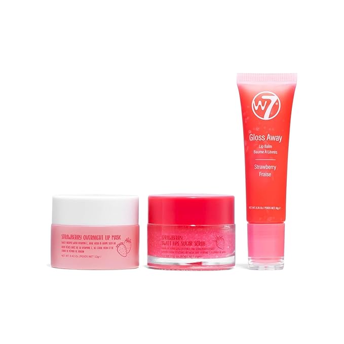 W7 Sweet Dreams Lip Care Trio - 3 Piece Set - Overnight Lip Mask, Lip Balm & Lip Scrub - Strawberry