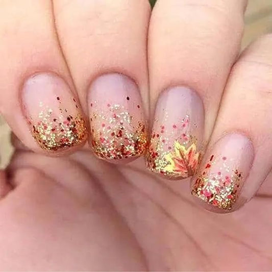 Thanksgiving Short Square False Nails Maple Leaf Press on Nails 24Pcs Fall Leaves Stick on Fingernails Glossy Gold Glitter Acrylic Fake Nail Autumn Gel Glue on Nail for Coquette Women