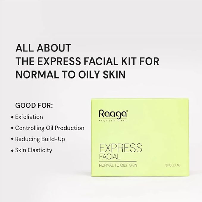 Raaga Professional Express Single Use Facial Kit | For Oily & Acne-Prone Skin | 6-Step Skincare Set At Home | Cleanser, Scrub, Toner, Massage Gel, Face Mask & Sunscreen | 35g/1.23 Oz