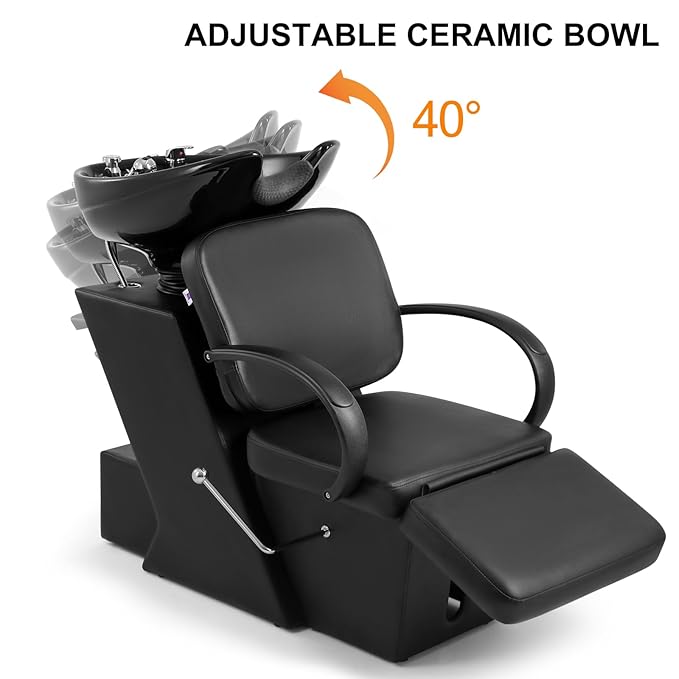 Artist hand Shampoo Bowl, 47" Ceramic Bowl Chair Adjustable Backwash Shampoo Station Footrest Salon Equipment