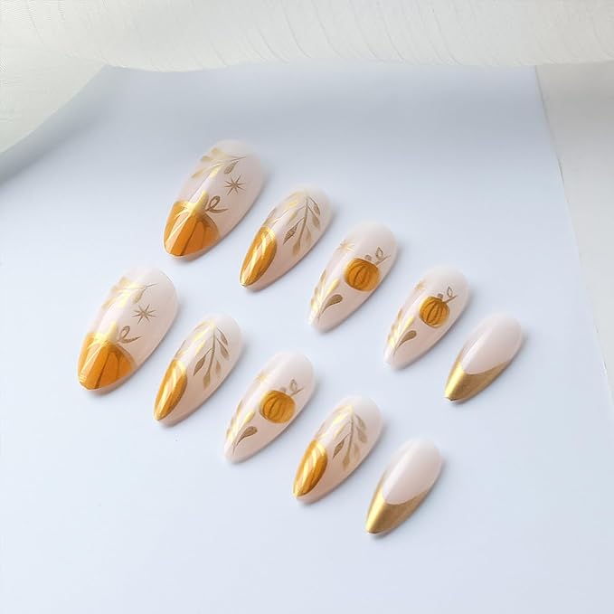 Fall Gold French tip Press on Nails Medium Almond False Nails With Pumpkin Design Full Cover Glue on Nail Reusable Gold Pumpkin Acrylic Fake Nails Glossy Artificial Stick on Nail for Women
