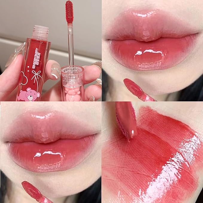 3 Colors Bear Lip Gloss,Jelly Lip Glaze,Cute Liquid Lipstick Bear Lip Stain Watery Lipgloss Plumping Lip Tint Moisturizing Waterproof Long Lasting for Lip and Cheek