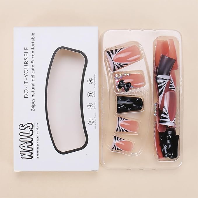 30Pcs Black Duck Press on Nails Short French Tip Fake Nails with Colour Glitter Design Cute Bow False Nails Full Cover Artificial Glue on Nails Nude Stick on Nails for Women Manicure Decorations Tips