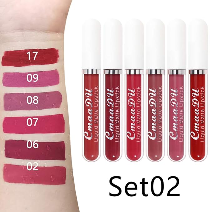evpct 6Pcs Lipstick Matte Liquid Lipstick Lipgloss Set for Women, Dark Plum Wine Rose Mauve Red Nude Pink labiales mate 24 horas originales matte larga duracion 24 Hour Lipstick A-02