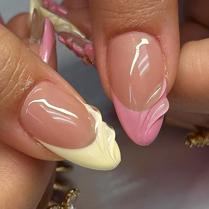 24Pcs Pink Flower Press on Nails Medium Almond French Tip Fake Nails with 3D Water Ripple Design Full Cover Artificial Glue on Nails Spring Summer False Nails Yellow Stick on Nails for Women DIY Kit