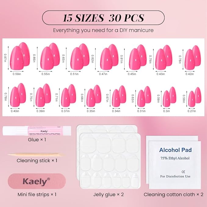evpct Glossy Press on Nails Short Almond Short for Women, Rose Red Fake Nail with Glue Salon Quality Reusable Stick on Nails In 15 Sizes 30Pcs Full Cover False Nail Soft Gel Set Kit for Gift, 15
