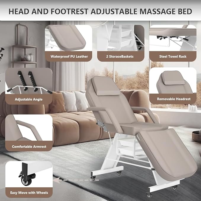 Facial Chair with Wheel Tattoo Bed with Stool for Client Beauty Artist Spa Bed Removable Headrest for Esthetician Gray