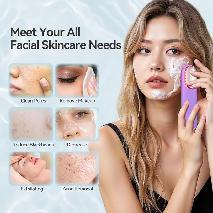 Facial Cleansing Brush, Silicone Face Scrubber, Electric Face Brushes for Cleansing with Vibration, Hot and Cold Modes, Face Scrub Brush for Women & Men Exfoliating and Massaging, Purple