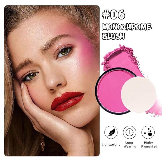 Natural Single Matte for Face Cheeks Blush with Makeup Powder Puff, Watermelon Pink Monochrome Blush Cream Powder Makeup Palette Blushes Long-lasting Blendable Foundation for Women Every Day 06