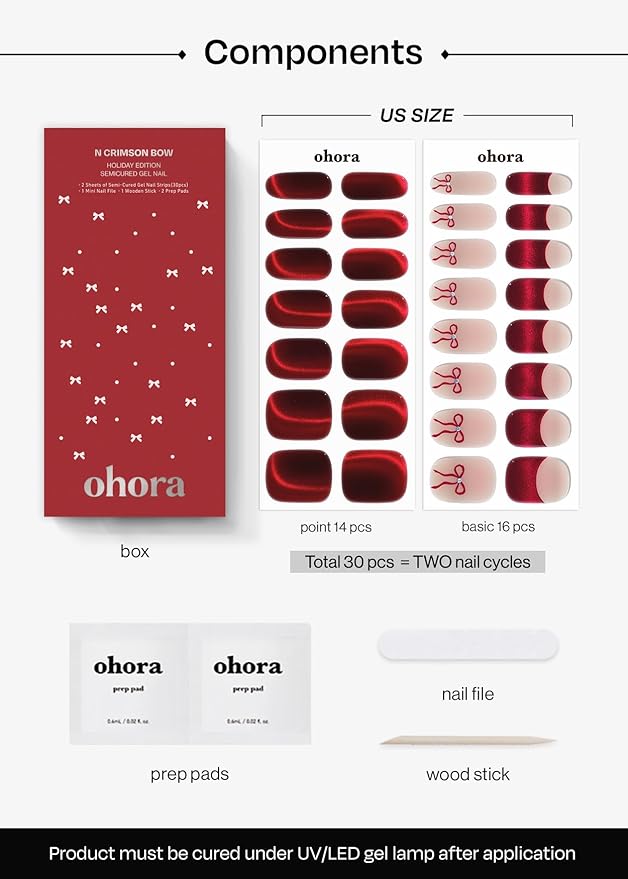 ohora Semi Cured Gel Nail Strips (N Crimson Bow) - Works with Any Lamps, Salon-Quality, Long Lasting, Easy to Apply & Remove - Includes 2 Prep Pads, Nail File & Wooden Stick