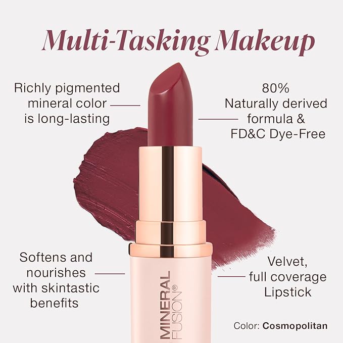 Mineral Fusion Long-Lasting Lipstick, Vivid & Smudge-Free Lip Color with Avocado Oil, Cocoa Seed Butter, Free of FD&C Dyes, Paraben and Gluten, Cosmopolitan
