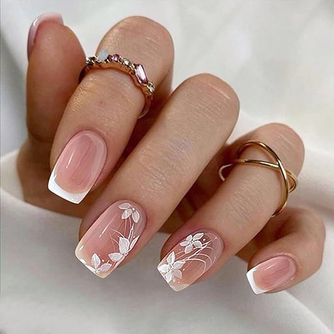 Spring Press On Nails Short Square, Nude Fake Nails with White French Tips Delicately Adorned with White Floral Accents, Glossy Gel Finish Acrylic Nails Press Ons Short Thick Natural Glue On Nails Kit