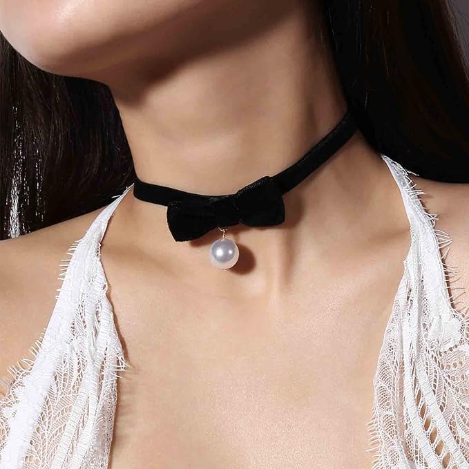 Vintage Satin Choker Necklace Pearl Pendant Necklace Black Bow Necklace Punk Leather Collar Necklace Chain Jewelry for Women and Girls