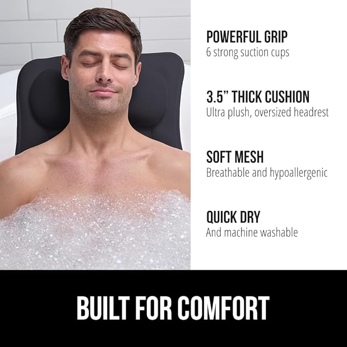 GORILLA GRIP Mesh Bath Pillow for Tub, 6 Powerful Suction Cups, Oversized Headrest with Breathable FlexComfort Technology for Neck, Head, Back Support, Luxury Machine Washable Bathtub Must Haves Black