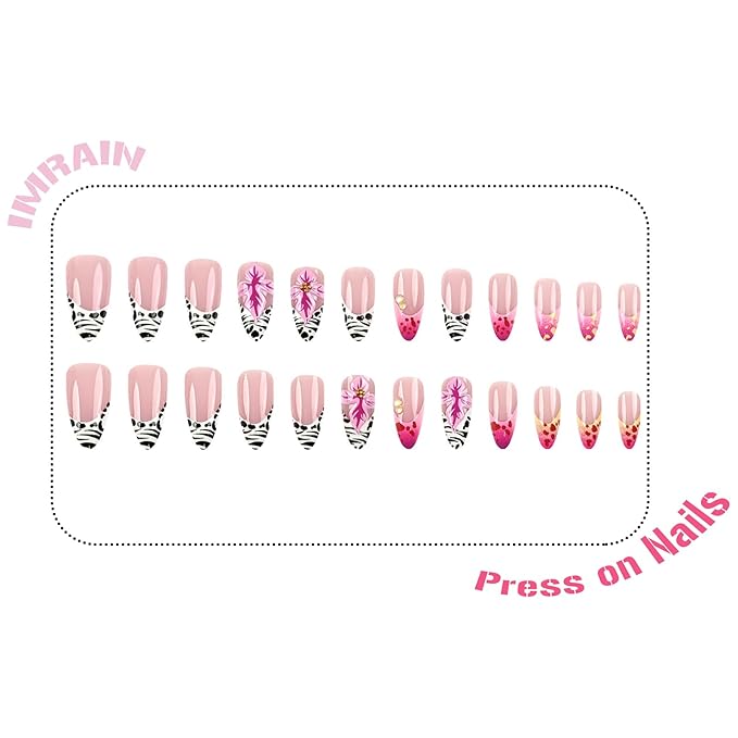 IMRAIN Medium Press on Nails Almond Fake Nails Zebra Stripes French Tip Acrylic False Nails with Pink Hawaii Flower Design Summer Glue on Nails Full Cover Artificial Nails for Women Manicure