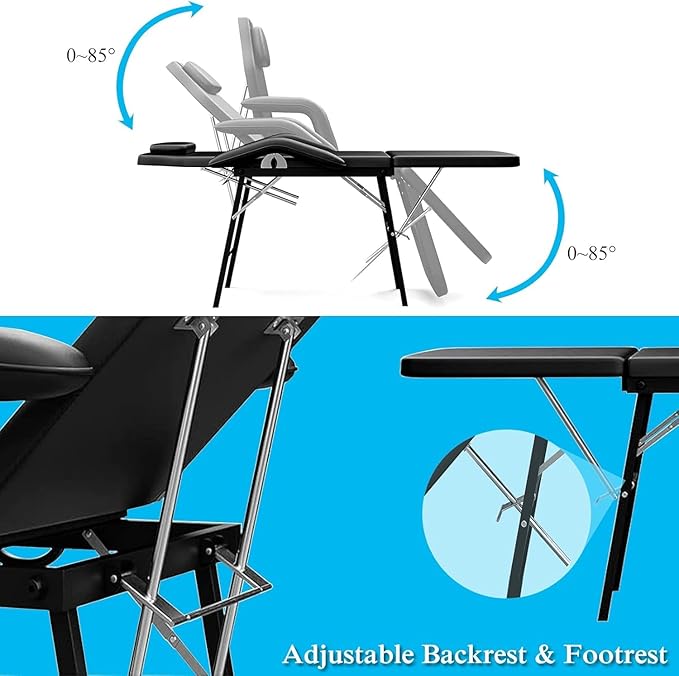 Portable Tattoo Chair, Adjustable Massage Facial Bed with Removable Headrest & Armrest, Foldable Spa Chair with Carry Bag, 73 Inch Esthetician Bed for Salon Beauty Barber Spa Tattoo (Black)