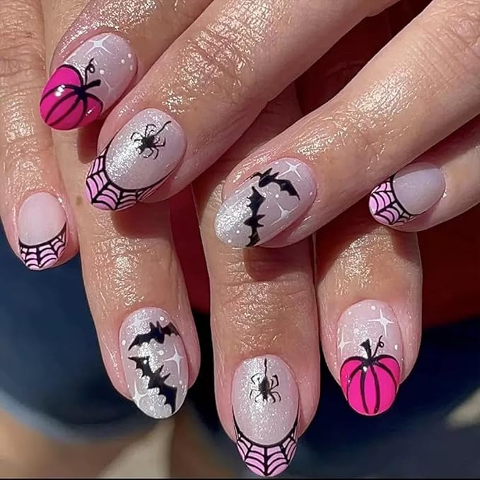 6 Packs (144 Pcs) Halloween Press on Nails Short Square, Almond Press on Nails, with Pumpkins Ghost Spider Web Design Stick on Fake Nails for Women - 12 Sizes, 6Styles