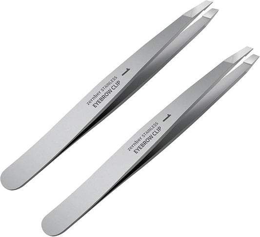Flat and Slant Tip Tweezers of 2 Pack, Stainless Steel Precision Tweezer for Women Eyebrow & Hair Removal