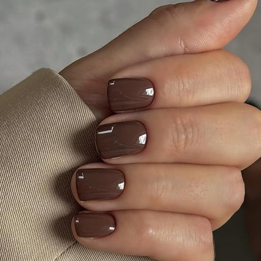 KQueenest Brown Press on Nails Short Square, Glossy Short Fake Nails Press ons, Dark Coffee Acrylic Nails Press on, Natural Fit False Nails Set, Small Stick on Nails for Women Fall Winter 24 Pcs
