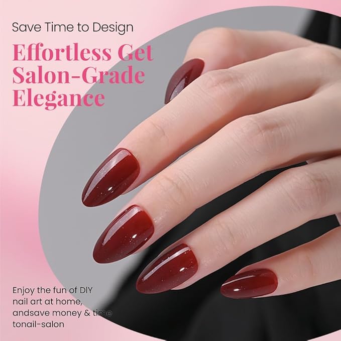 Almond Press On Nails Pearl Finish Wine red Press On Nails Short Glue On Nails for Women Opaque Natural Reusable Stick On Nails 30Pcs 15 Sizes