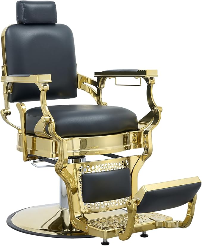 FRNIMAC Heavy Duty Barber Chair, All Purpose Vintage Style Mens Barber Chair Hydraulic Recline Salon Chair Barbershop Equipment for Beauty Spa Tatoo Massage, Weight Capacity 700lbs (Black-Golden)