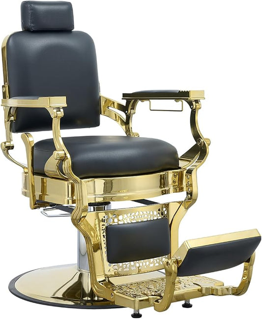 FRNIMAC Heavy Duty Barber Chair, All Purpose Vintage Style Mens Barber Chair Hydraulic Recline Salon Chair Barbershop Equipment for Beauty Spa Tatoo Massage, Weight Capacity 700lbs (Black-Golden)