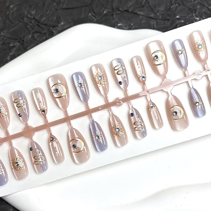 Almond Press on Nails Medium Nude Fake Nails 3D Gold Nails Design Star Moon Rhinestones False Nails Glossy Glue on Nails Artificial Full Cover Stick on Nails for Women Girls Acrylic Manicure 30Pcs