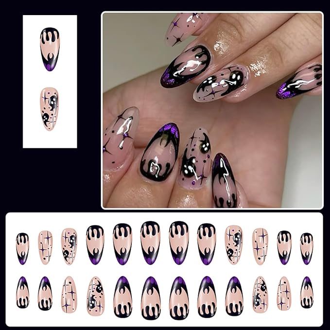 24Pcs Halloween Press on Nails Medium Almond French Tip Fake Nails Black Ghost with Bloody Drop Horror Designs Purple Glitter Full Cover Tips Glue on Nails Goth False Nails for Acrylic Manicure Salon