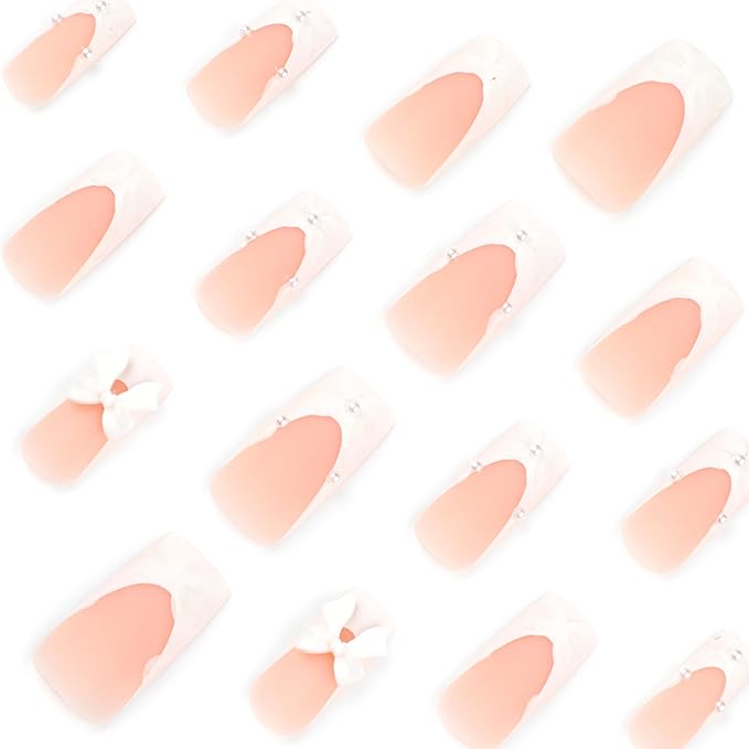 Handmade 3D White Bow French Tips Press On Nails Square Medium Length, Bow French Tip Designer Reusable Acrylic Fake Nails With Cute Glue On Nails, Daily Wear Nails For Women Girls
