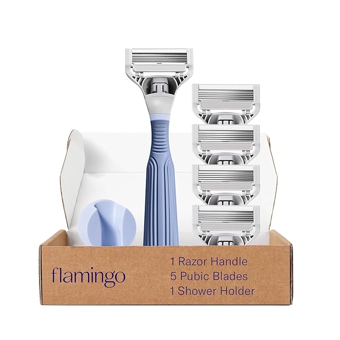 Flamingo Pubic Hair Razor for Women, Shaving Kit, 1 Pubic Razor Handle, 4 Five-Blade Refills, 1 Shower Holder, Starter Set, Full Kit