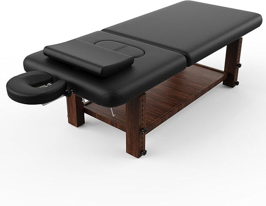 Stationary Massage Table with Adjustable Height Legs and Backrest for Treatment, Physical Therapy, Spa Facial Professional Massage Bed, Black PU Leather - 700LBS Load, Heavy Duty Wood Frame