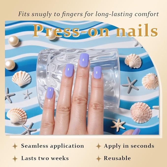 evpct Blue Glossy Press on Nails Short Square, Glossy Blue Fake Nails Summer Reusable, Acrylic False Nail Stick Glue on Press ons for Women Gifts, Perfectly Fit Durable False Nail Kit with Glue 30Pcs