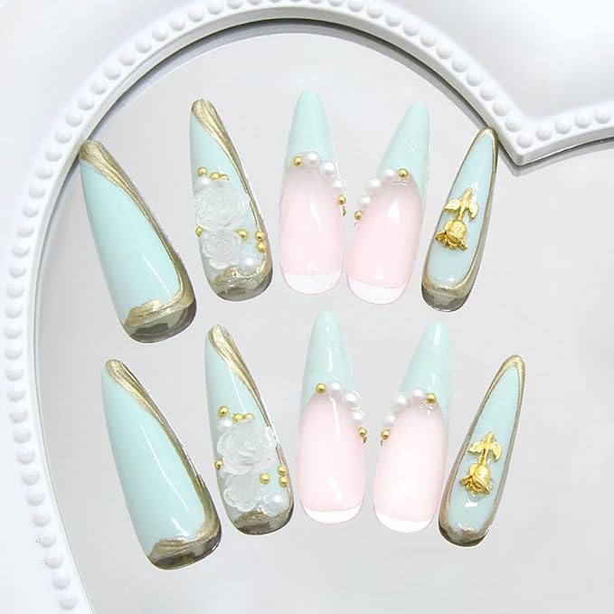24Pcs Green French Tip Press on Nails Long Almond Fake Nails with 3D Rose Flower Pearl Rhinestones Design Acrylic False Nails Gold Lines Glue on Nails Glossy Full Cover Stick on Nails for Women Girls