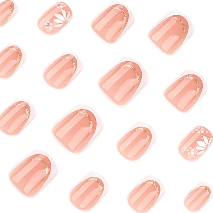 Square Press On Nails Short – Nude Pink French Tips with White Floral Design, 24PCS Thick Acrylic Fake Nails Kit, Glossy Reusable Stick On Nails with Glue & Tools for Women, Elegant DIY Manicure
