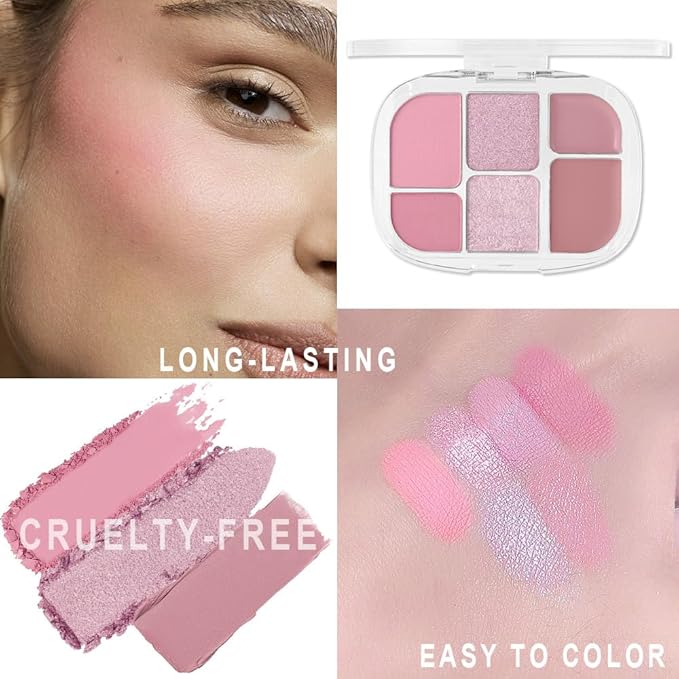 6-in-1 Cream & Powder Makeup Palette for Old Women – Blush, Highlighter & Eyeshadow, Matte & Shimmer Finish, Rose Nude Tones, Travel-Friendly Compact 03