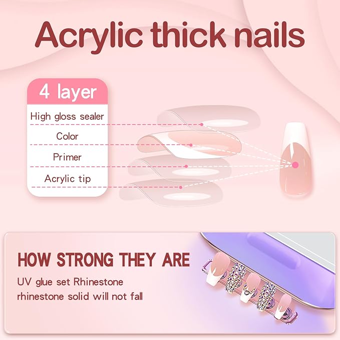 Yivaiks 24pcs Press on Nails Medium Length Coffin,Rhinestones Acrylic Fake Nails with glue kit，Glossy Crystal Ballerina Nails Press on， Stick On Nails for Women Girls