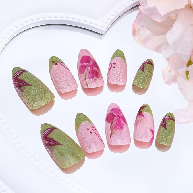 24Pcs Flower Press on Nails Short Almond Fake Nails Spring Summer Floral Designs Stick on Nail Green French Tip False Nails Cute Glue on Nails Glossy Full Cover Artificial Acrylic Nail for Women
