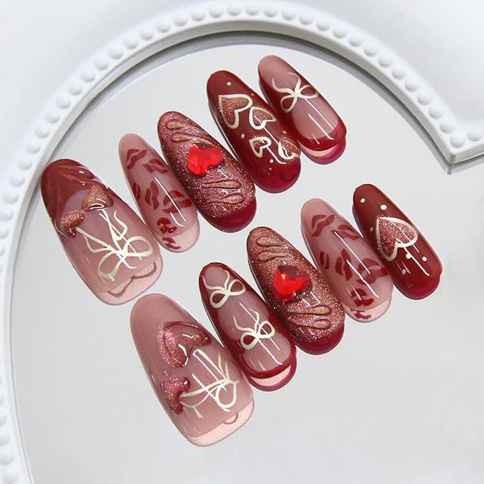 24Pcs Red Press on Nails Medium Almond Fake Nails Gold Bow Heart with 3D Rhinestones Design Full Cover Glitter Glue on Nails French Tip False Nails for Women Girls Acrylic Nail Decorations Accessories