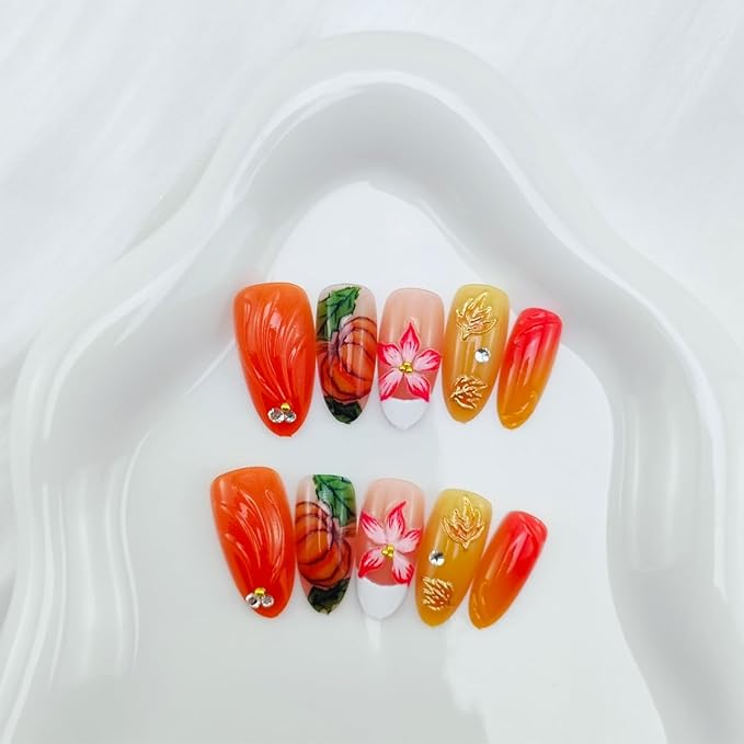 30Pcs Fall Press on Nails Medium Almond Fake Nails with 3D Flower Rhinestones Design Orange Pumpkin Maple Leaf False Nails White French Tip Acrylic Nails Autumn Thanksgiving Stick on Nail for Women