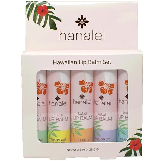 Hanalei Lip Balm and Moisturizer - Natural Kukui Oil, Beeswax Lip Moisturizer - Replenish and Repair Dry, Chapped Lips - Variety Pack (5 Tubes)