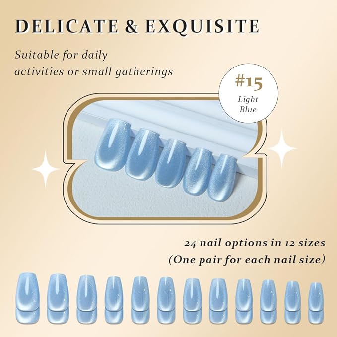 evpct Light Blue Cat Eye Coffin Press on Nails Square Medium, Medium Square Glue on Nail for Women, Light Blue Metallic Glitter Glossy Reusable Summer Soft Gel Press on Acrylic Fake Nail with Designs